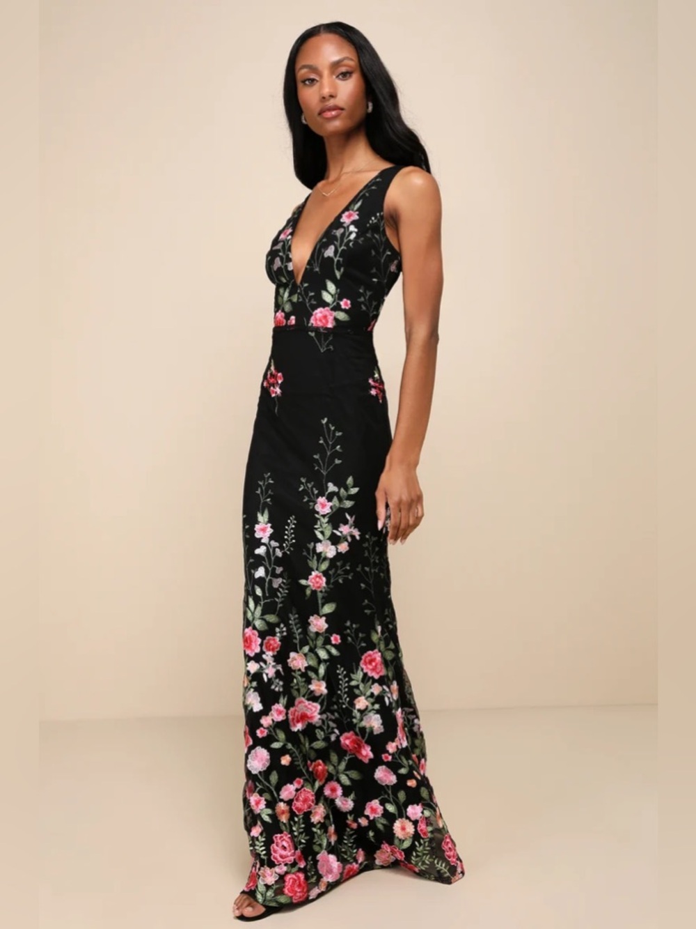 Lulus Soiree Blossom Black Floral Embroidered Mermaid Maxi Dress